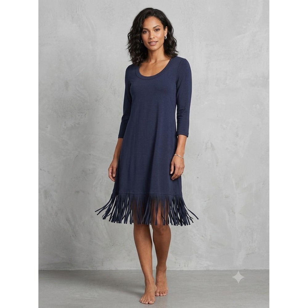 Karen Kane Navy Nerisa Fringe Hem Dress Sz S 3/4 Sleeve Knee Length Boho Chic